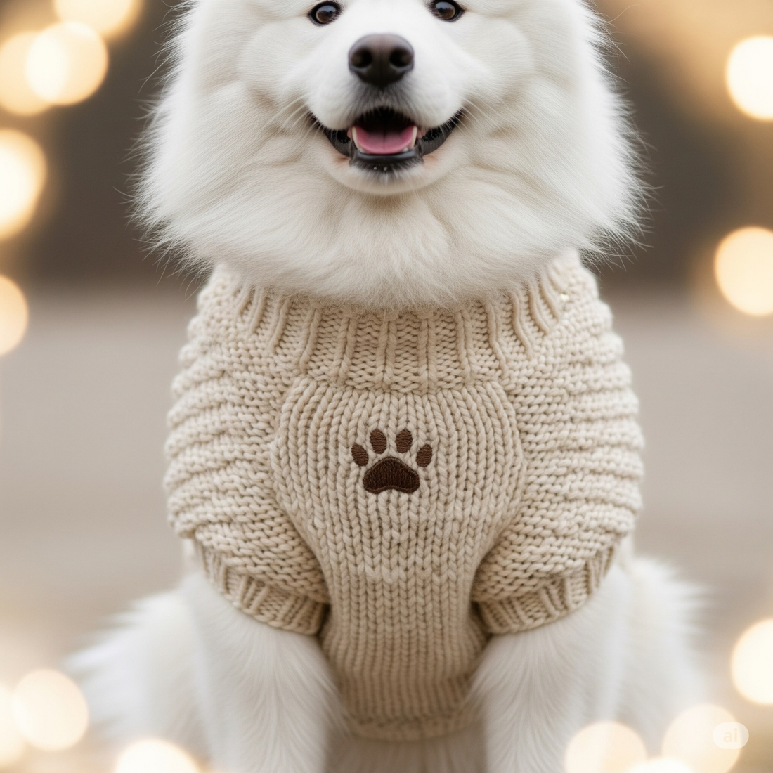 cute white flurry dog wearing a 100% woolen dog jumper