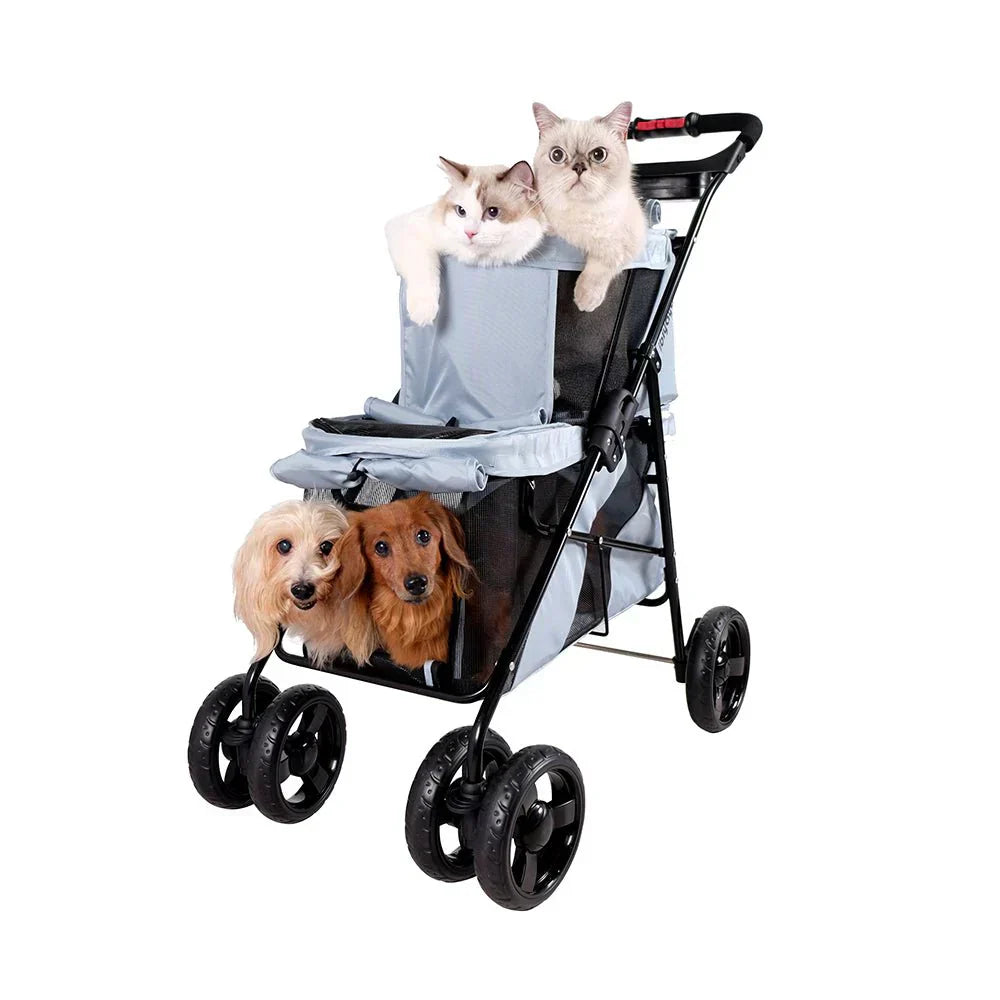 two beautiful white cats and 2 small orange dogs travelling in the Ibiyaya Double Stroller