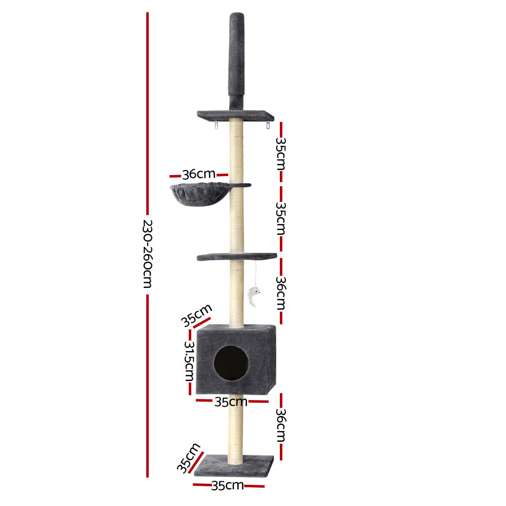 i.Pet Cat Tree 260cm Tower Scratching Post Scratcher Floor to Ceiling Cats Bed Dark Grey Pet Care > Cat Supplies > Cat Scratching Posts Ipet
