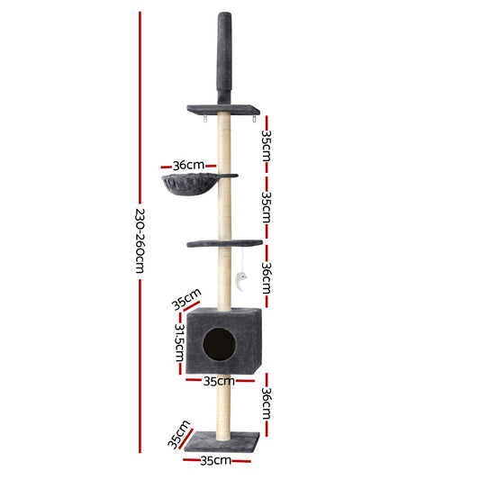 i.Pet Cat Tree 260cm Tower Scratching Post Scratcher Floor to Ceiling Cats Bed Dark Grey Pet Care > Cat Supplies > Cat Scratching Posts Ipet