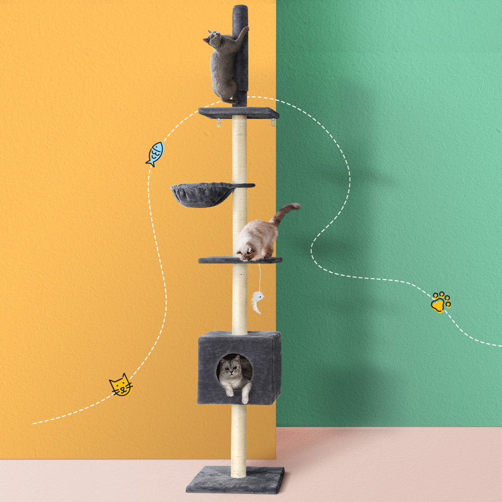 i.Pet Cat Tree 260cm Tower Scratching Post Scratcher Floor to Ceiling Cats Bed Dark Grey Pet Care > Cat Supplies > Cat Scratching Posts Ipet
