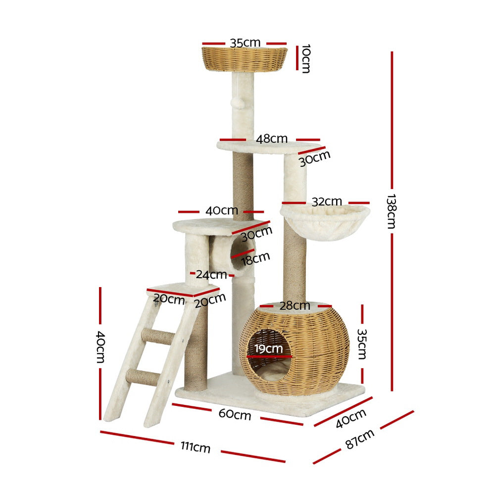 i.Pet Cat Tree 138cm Tower Scratching Post Scratcher Wood Bed Condo House Rattan Ladder Pet Care > Cat Supplies > Cat Scratching Posts ipet