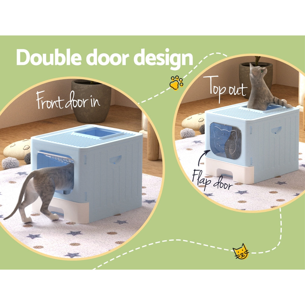 i.Pet Cat Litter Box Large Tray Kitty Toilet Enclosed Hooded Foldable Cat Litter Box Scoop Blue Pet Care > Cat Supplies > Cat Litter ipet