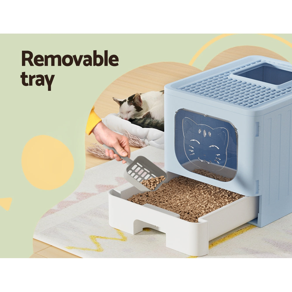 i.Pet Cat Litter Box Large Tray Kitty Toilet Enclosed Hooded Foldable Cat Litter Box Scoop Blue Pet Care > Cat Supplies > Cat Litter ipet
