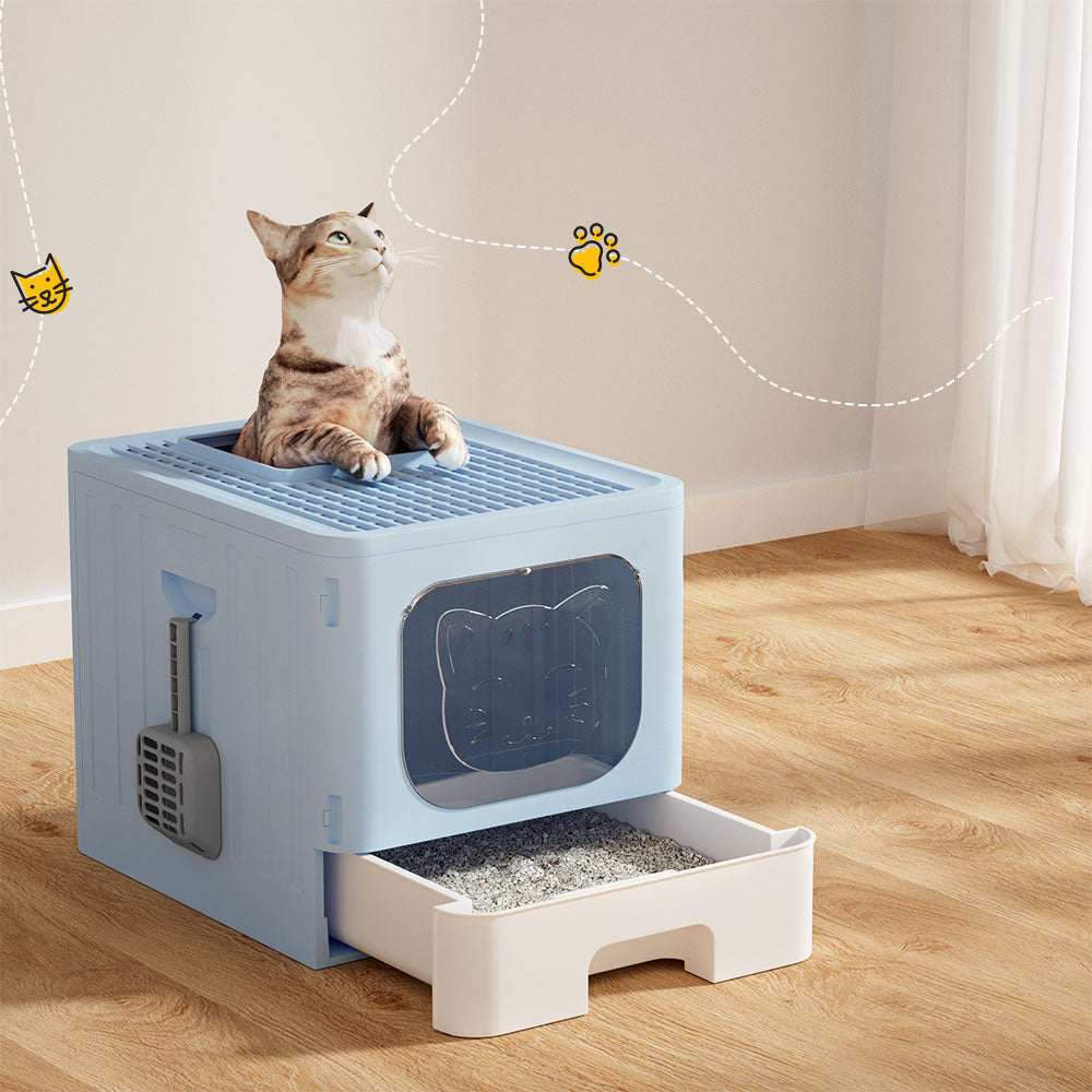 i.Pet Cat Litter Box Large Tray Kitty Toilet Enclosed Hooded Foldable Cat Litter Box Scoop Blue Pet Care > Cat Supplies > Cat Litter ipet