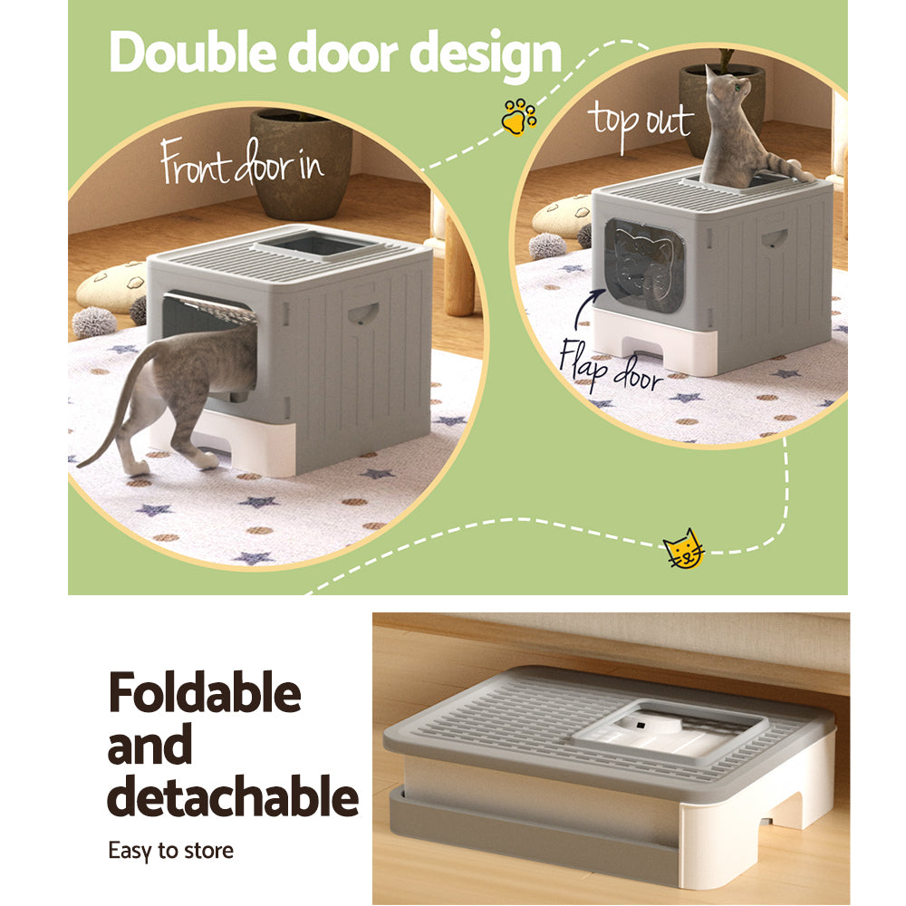 i.Pet Cat Litter Box Large Tray Kitty Toilet Enclosed Hooded Foldable Cat Litter Box Scoop Grey Pet Care > Cat Supplies > Cat Litter ipet