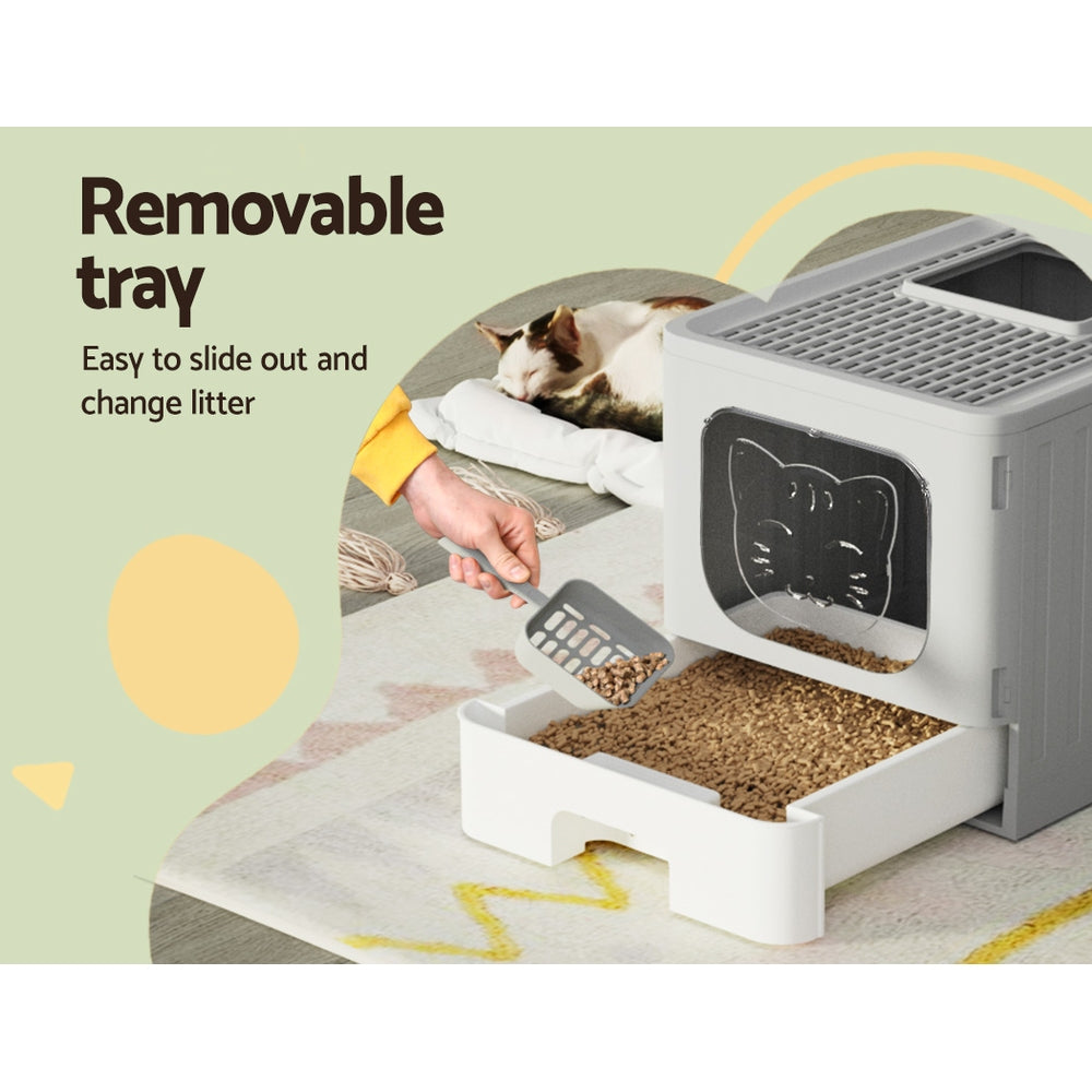 i.Pet Cat Litter Box Large Tray Kitty Toilet Enclosed Hooded Foldable Cat Litter Box Scoop Grey Pet Care > Cat Supplies > Cat Litter ipet