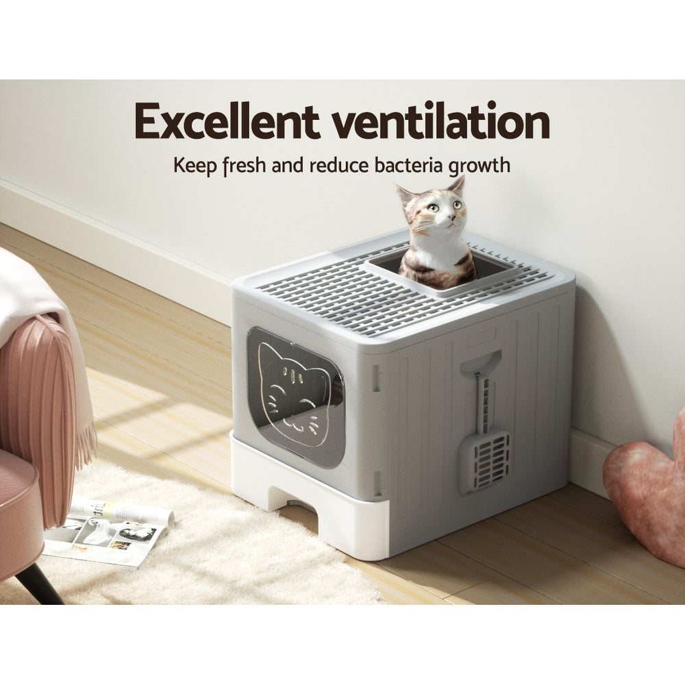 i.Pet Cat Litter Box Large Tray Kitty Toilet Enclosed Hooded Foldable Cat Litter Box Scoop Grey Pet Care > Cat Supplies > Cat Litter ipet