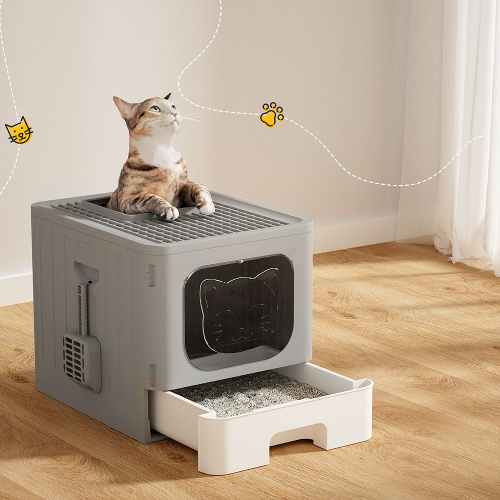 i.Pet Cat Litter Box Large Tray Kitty Toilet Enclosed Hooded Foldable Cat Litter Box Scoop Grey Pet Care > Cat Supplies > Cat Litter ipet