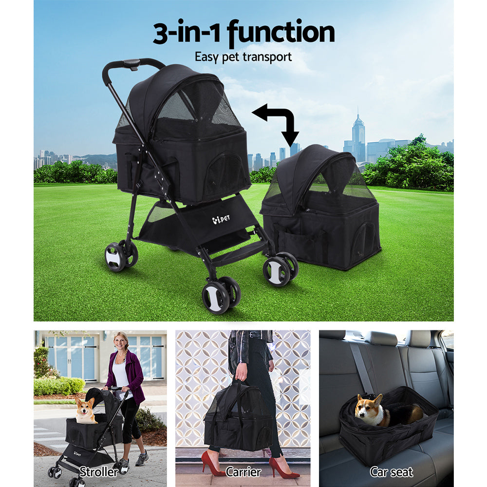 i.Pet Pet Stroller Dog Pram Cat Carrier Travel Large Pushchair Foldable 4 Wheels Black Pet Care > Cat Supplies > Cat Carriers & Crates ipet