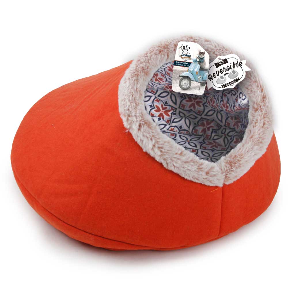 Igloo Cat Bed Reversible Cave - Orange Retro Vintage Faux Felt Fabric - AFP Pet Care > Cat Supplies > Cat Furniture Woofy and Whiskers