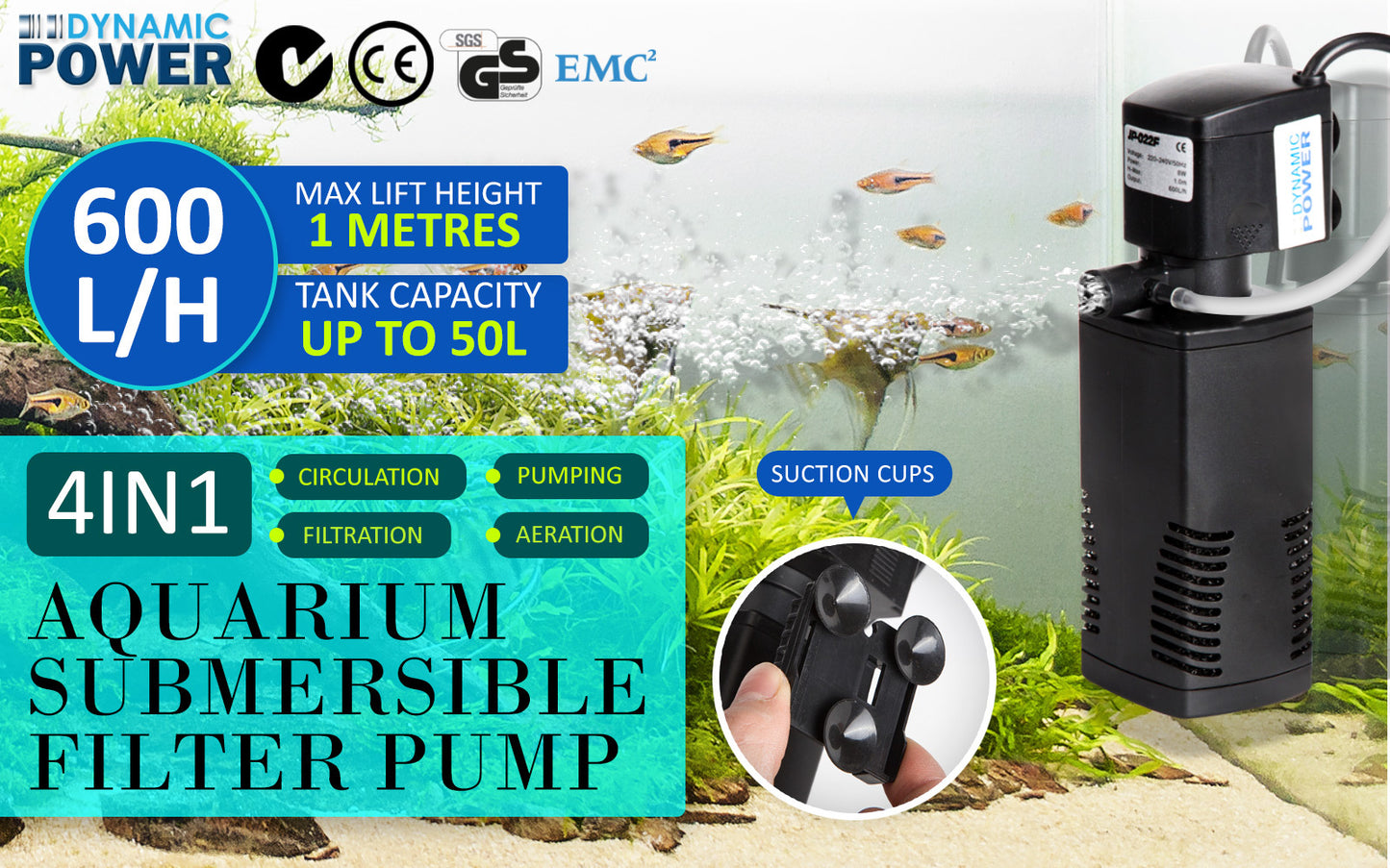 Aquarium Submersible Filter Pond Pump 600L/H 8W 1m Pet Care > Aquarium > Aquarium Filters & Pumps Dynamic Power