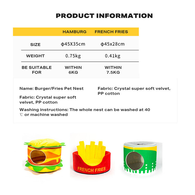 Washable Hamburger Pet Cat Dogs Bed Pet Care > Cat Supplies > Cat Furniture Woofy and Whiskers