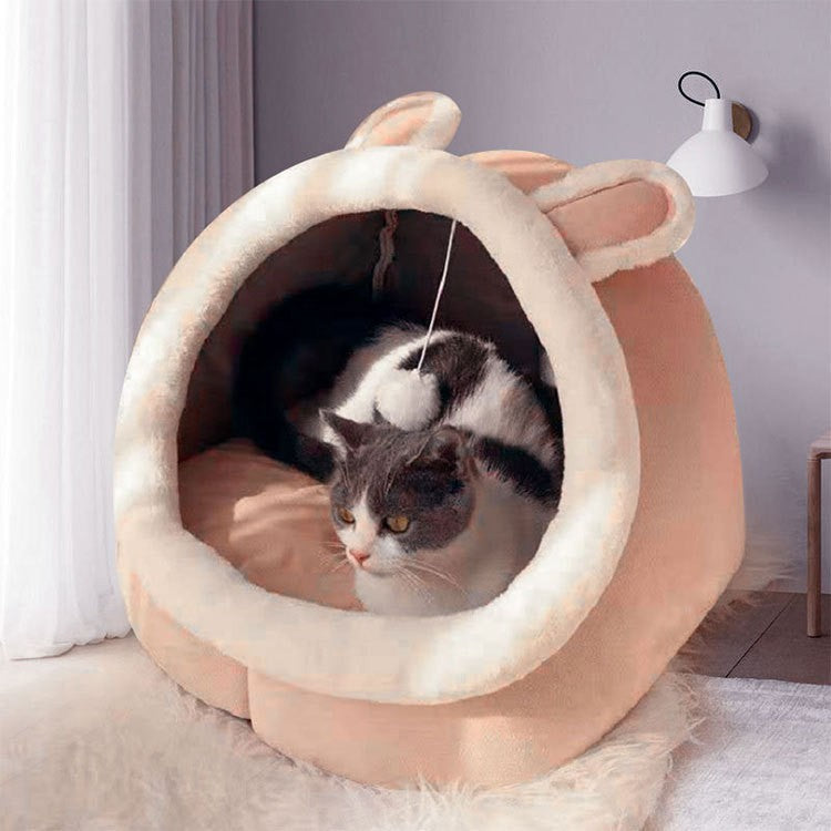 Pink Half-Enclosed Cat Bed - Soft Short Velvet Fabric with Sponge + PP Cotton Filling, M Size (35x35x30cm) Pet Care > Cat Supplies > Cat Furniture Woofy and Whiskers