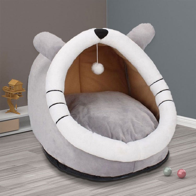 Gray Totoro Half-Enclosed Cat Bed - Soft Short Velvet Fabric with Sponge + PP Cotton Filling, M Size (35x35x30cm) Pet Care > Cat Supplies > Cat Furniture Woofy and Whiskers