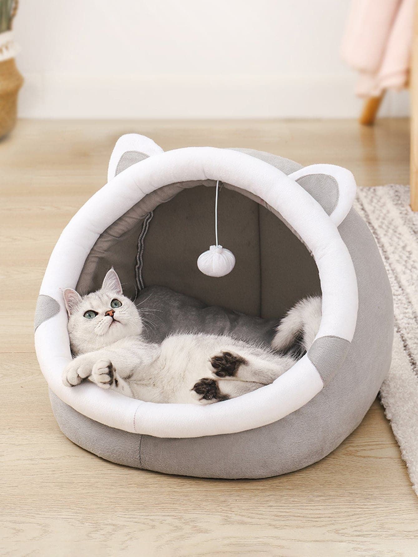 Gray Half-Enclosed Cat Bed - Soft Short Velvet Fabric with Sponge + PP Cotton Filling, M Size (35x35x30cm) Pet Care > Cat Supplies > Cat Furniture Woofy and Whiskers