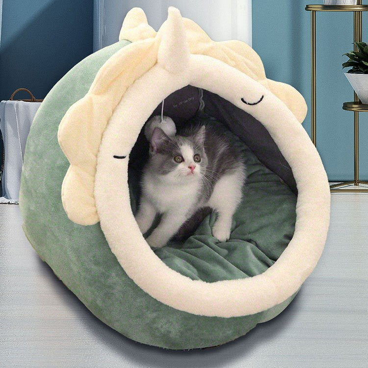 Green Half-Enclosed Cat Bed - Soft Short Velvet Fabric with Sponge + PP Cotton Filling, S Size (28x28x30cm) Pet Care > Cat Supplies > Cat Furniture Woofy and Whiskers