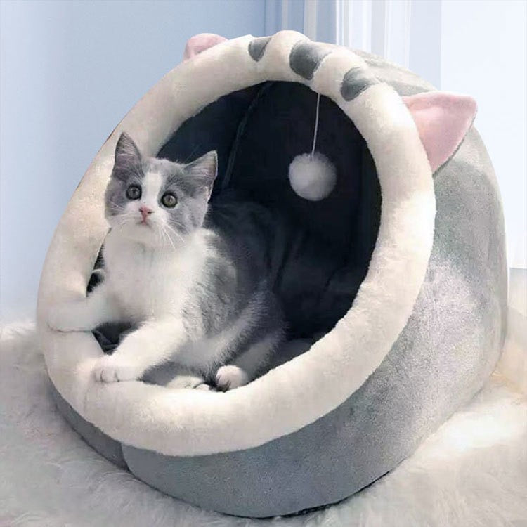 Gray Half-Enclosed Cat Bed - Soft Short Velvet Fabric with Sponge + PP Cotton Filling, S Size (28x28x30 cm) Pet Care > Cat Supplies > Cat Furniture Woofy and Whiskers