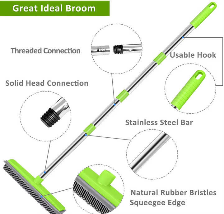 Black and Silver Versatile Pet Hair Remover Rubber Broom & Squeegee - 125cm Adjustable Stainless Steel Handle for Carpets, Floors & Windows Pet Care > Cleaning & Maintenance > Pet Cleaning Supplies Generic