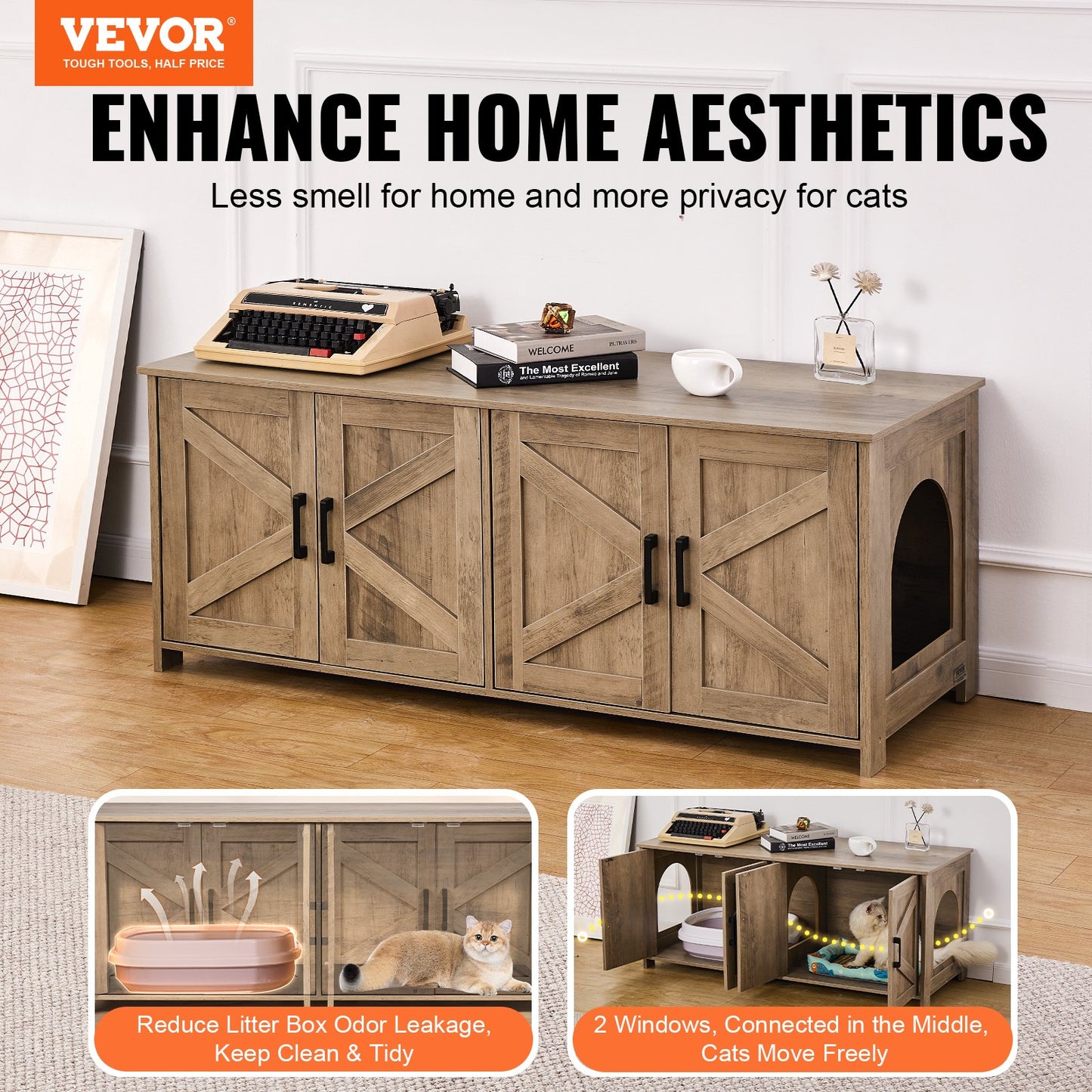 VEVOR Cat Litter Box Enclosure Wooden Litter Box Furniture Hidden 2 Rooms Greige Pet Care > Cat Supplies > Cat Litter Woofy and Whiskers