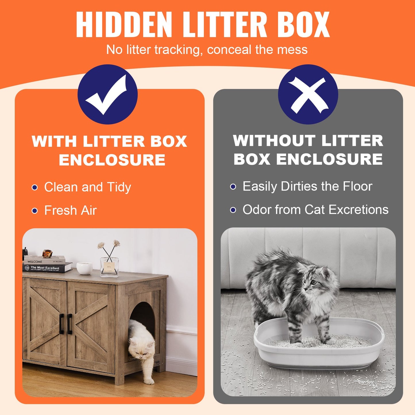 VEVOR Cat Litter Box Enclosure Wooden Litter Box Furniture Hidden 2 Rooms Greige Pet Care > Cat Supplies > Cat Litter Woofy and Whiskers