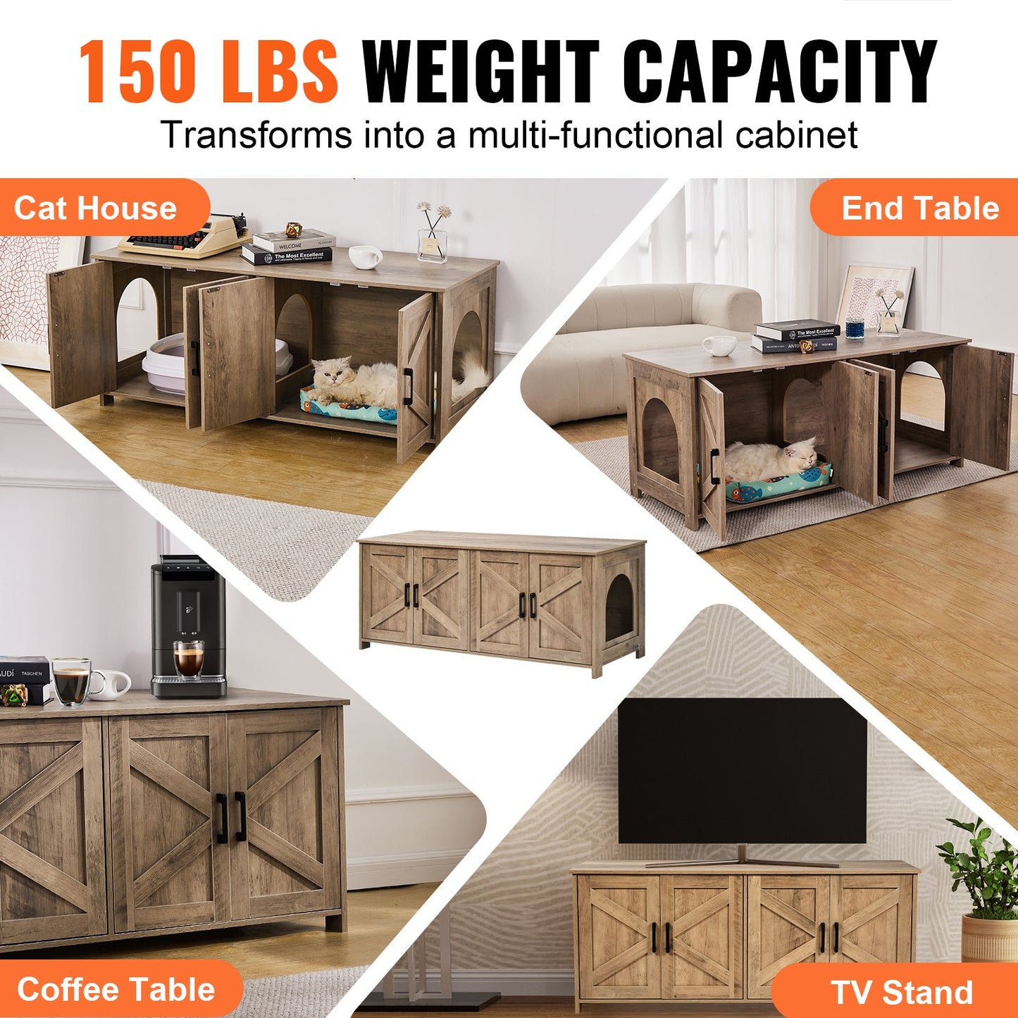 VEVOR Cat Litter Box Enclosure Wooden Litter Box Furniture Hidden 2 Rooms Greige Pet Care > Cat Supplies > Cat Litter Woofy and Whiskers
