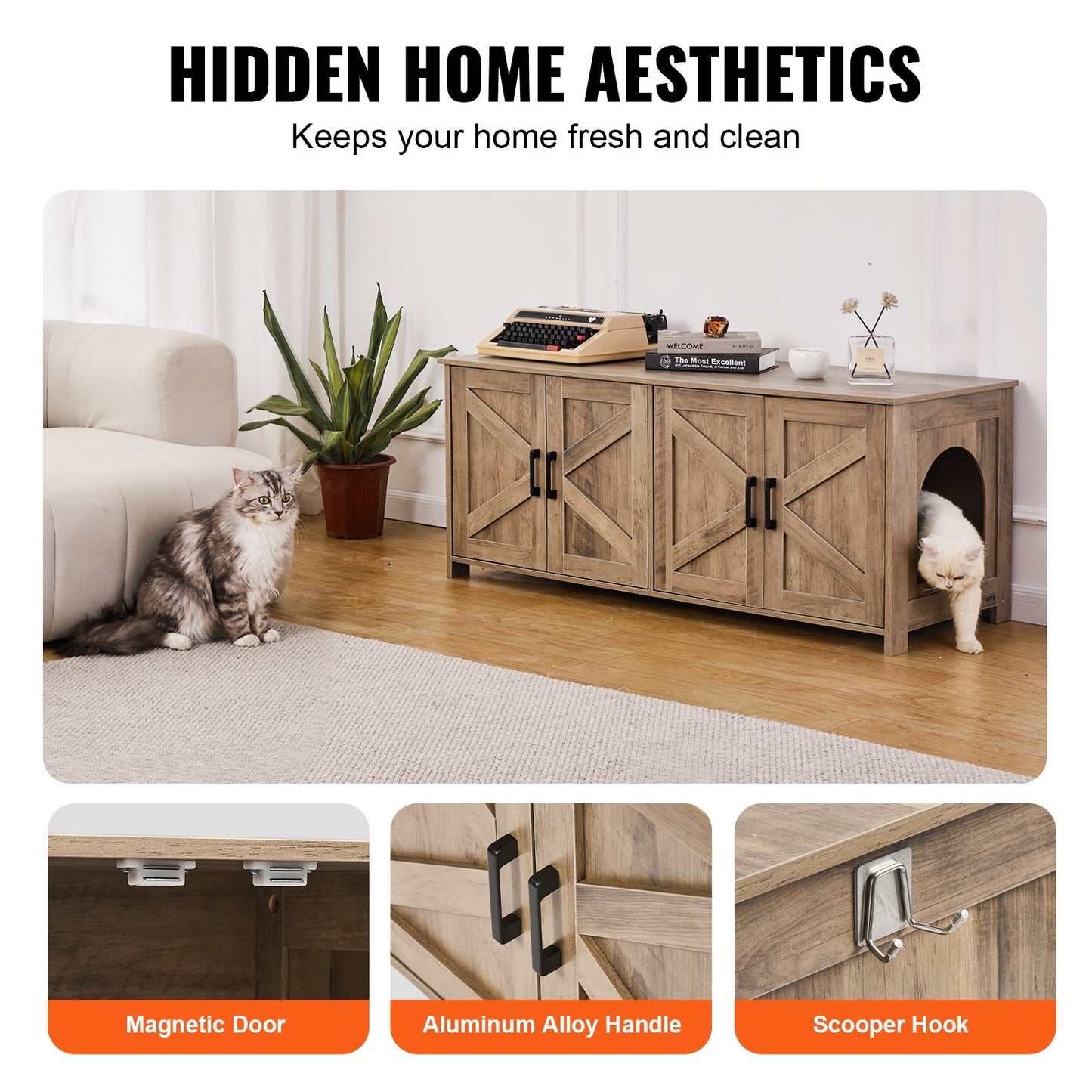 VEVOR Cat Litter Box Enclosure Wooden Litter Box Furniture Hidden 2 Rooms Greige Pet Care > Cat Supplies > Cat Litter Woofy and Whiskers