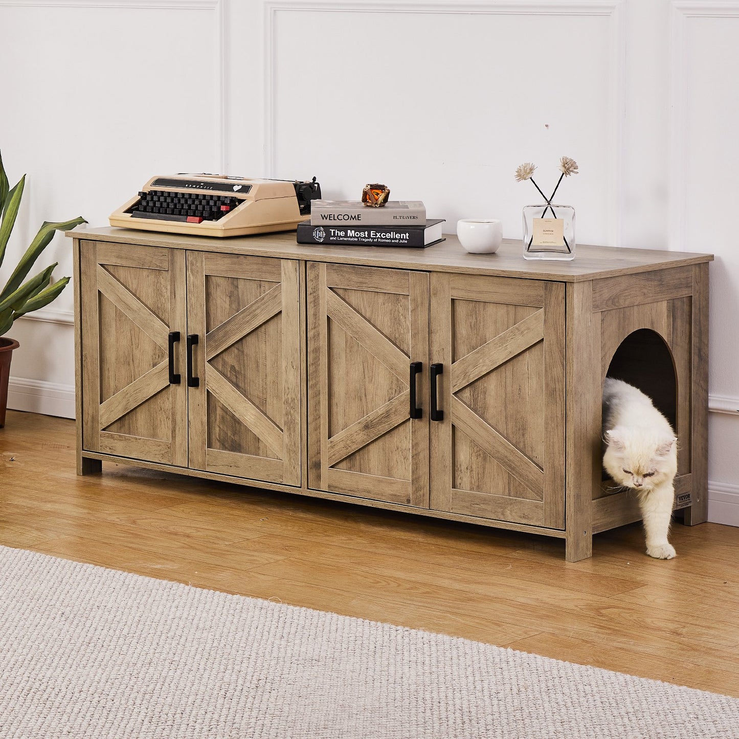 VEVOR Cat Litter Box Enclosure Wooden Litter Box Furniture Hidden 2 Rooms Greige Pet Care > Cat Supplies > Cat Litter Woofy and Whiskers