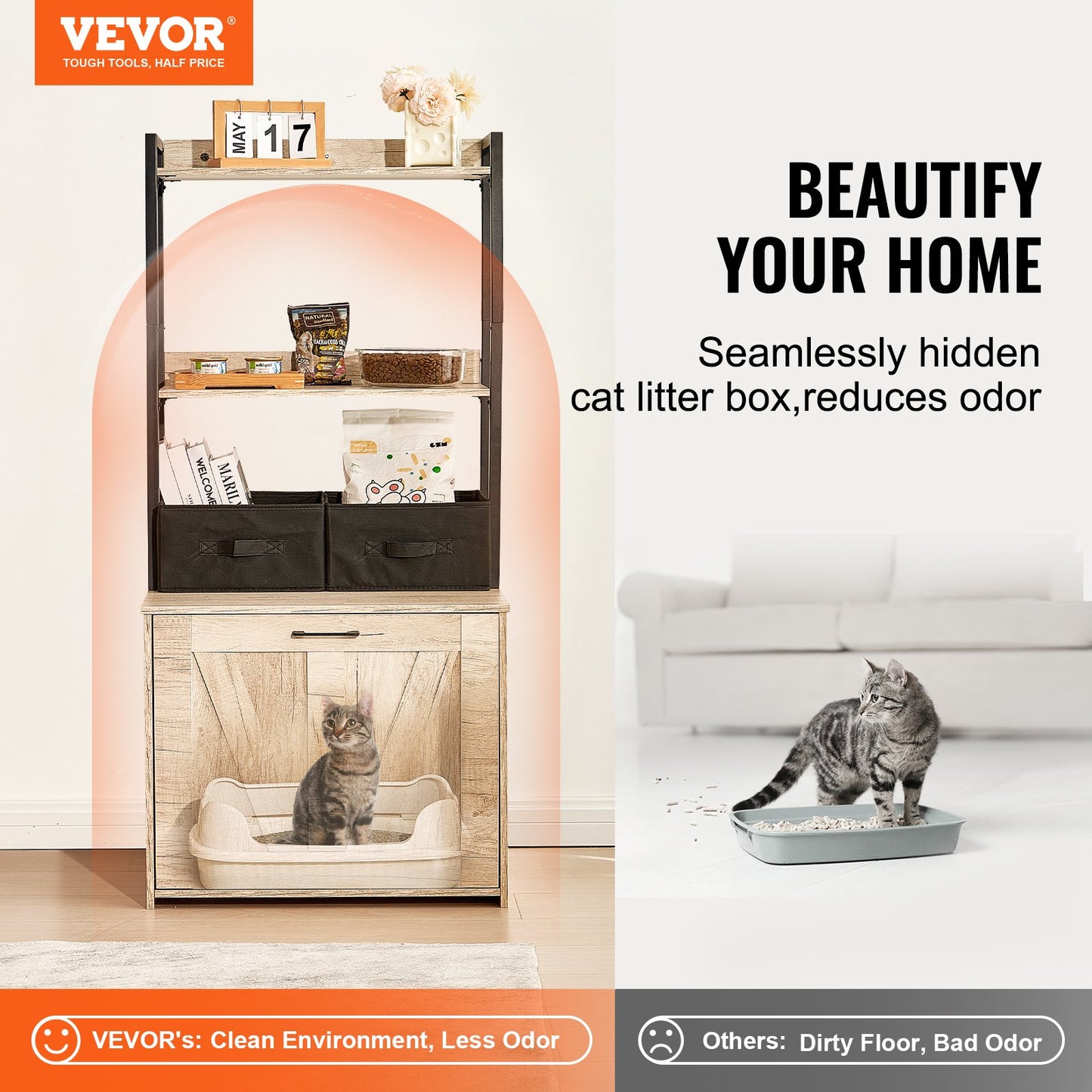 VEVOR Cat Litter Box Enclosure Litter Box Furniture Hidden 2 Shelves & 2 Baskets Pet Care > Cat Supplies > Cat Litter Woofy and Whiskers