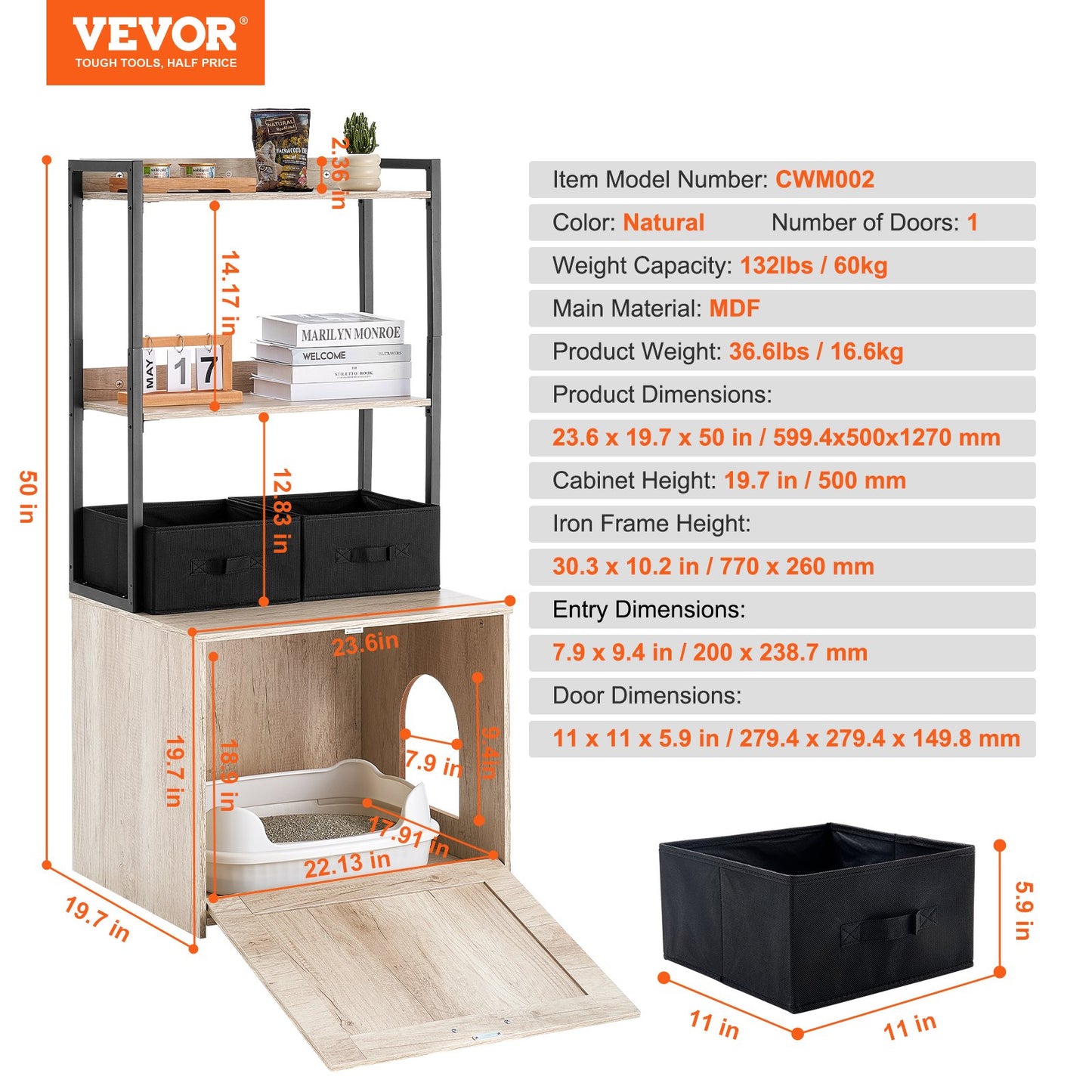VEVOR Cat Litter Box Enclosure Litter Box Furniture Hidden 2 Shelves & 2 Baskets Pet Care > Cat Supplies > Cat Litter Woofy and Whiskers