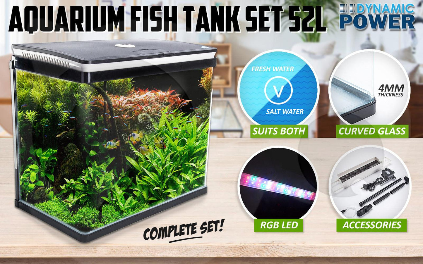Dynamic Power Aquarium Fish Tank 52L Curved Glass RGB LED Pet Care > Aquarium Dynamic Power