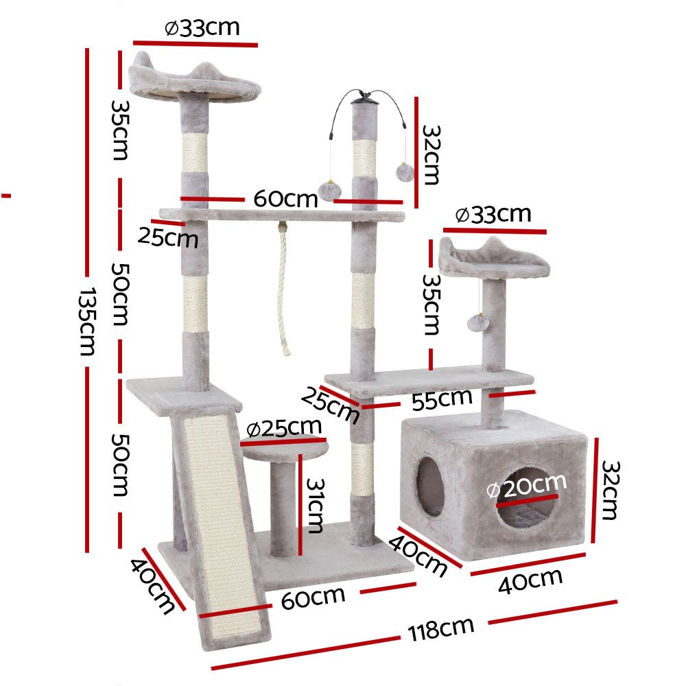i.Pet Cat Tree 135cm Tower Scratching Post Scratcher Wood Condo House Toys Grey Pet Care > Cat Supplies > Cat Scratching Posts Ipet