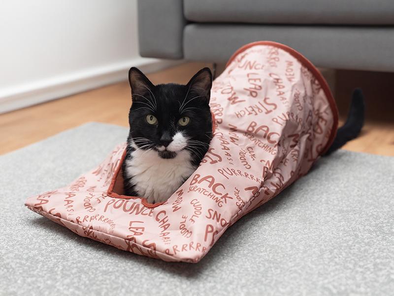 Black and white cat plays in Rosewood Battersea Peek-A-Boo Sack picture 1 photos copyright to https://rosewoodpet.com/cat/play-time/battersea/battersea-peek-a-boo-sack