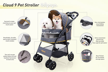 Ibiyaya Cloud 9 Pet Stroller for Cats & Dogs up to 20kg - Mustard Yellow Woofy and Whiskers