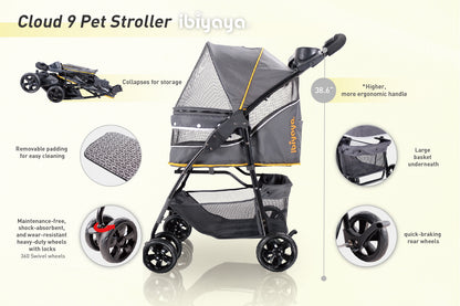 Ibiyaya Cloud 9 Pet Stroller for Cats & Dogs up to 20kg - Mustard Yellow Woofy and Whiskers