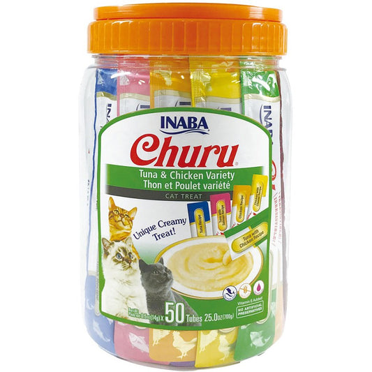 Inaba- Churu Tuna & Chicken Variety 50 Tubes in a plastic jar with Orange background.