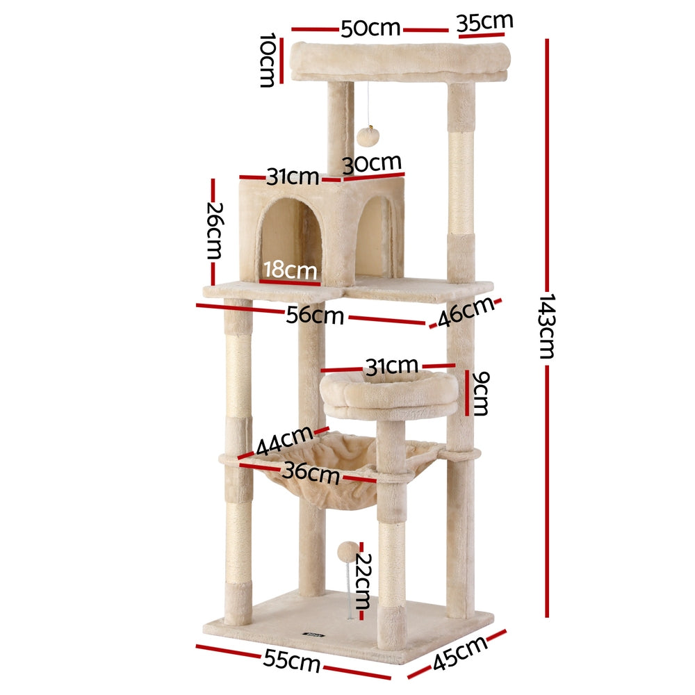 i.Pet Cat Tree 143cm Tower Scratching Post Trees Scratcher Condo House Beige Pet Care > Cat Supplies > Cat Scratchers ipet