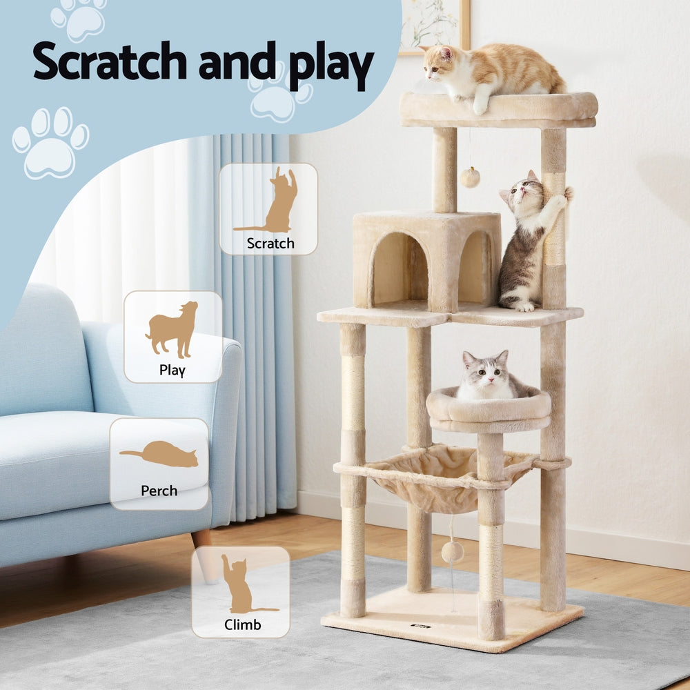 i.Pet Cat Tree 143cm Tower Scratching Post Trees Scratcher Condo House Beige Pet Care > Cat Supplies > Cat Scratchers ipet