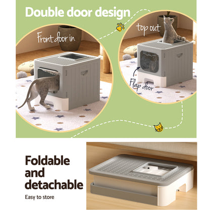 i.Pet Cat Litter Box Large Tray Kitty Toilet Enclosed Hooded Foldable Cat Litter Box Scoop Grey Pet Care > Cat Supplies > Cat Litter ipet