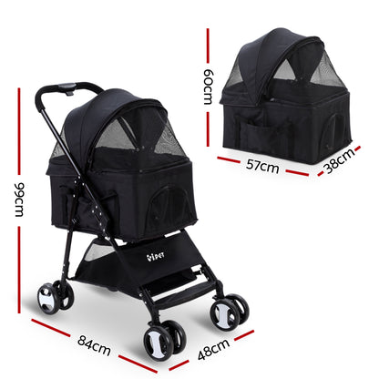 i.Pet Pet Stroller Dog Pram Cat Carrier Travel Large Pushchair Foldable 4 Wheels Black Pet Care > Cat Supplies > Cat Carriers & Crates ipet