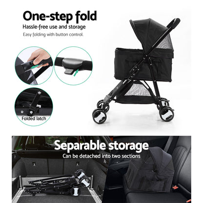 i.Pet Pet Stroller Dog Pram Cat Carrier Travel Large Pushchair Foldable 4 Wheels Black Pet Care > Cat Supplies > Cat Carriers & Crates ipet