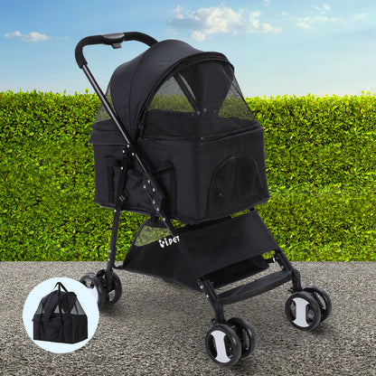 i.Pet Pet Stroller Dog Pram Cat Carrier Travel Large Pushchair Foldable 4 Wheels Black Pet Care > Cat Supplies > Cat Carriers & Crates ipet