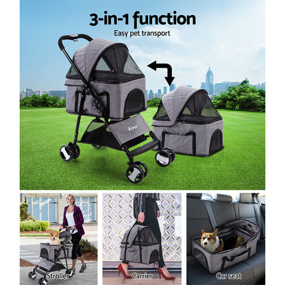 i.Pet Pet Stroller Dog Pram Cat Carrier Travel Large Pushchair Foldable 4 Wheels Grey Pet Care > Cat Supplies > Cat Carriers & Crates Woofy and Whiskers