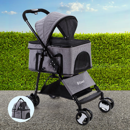 i.Pet Pet Stroller Dog Pram Cat Carrier Travel Large Pushchair Foldable 4 Wheels Grey Pet Care > Cat Supplies > Cat Carriers & Crates Woofy and Whiskers