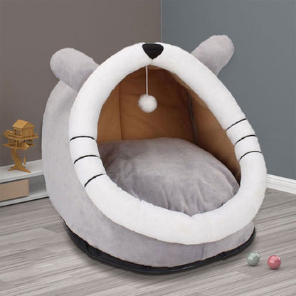 Gray Totoro Half-Enclosed Cat Bed - Soft Short Velvet Fabric with Sponge + PP Cotton Filling, S Size (28x28x30cm) Pet Care > Cat Supplies > Cat Furniture Woofy and Whiskers
