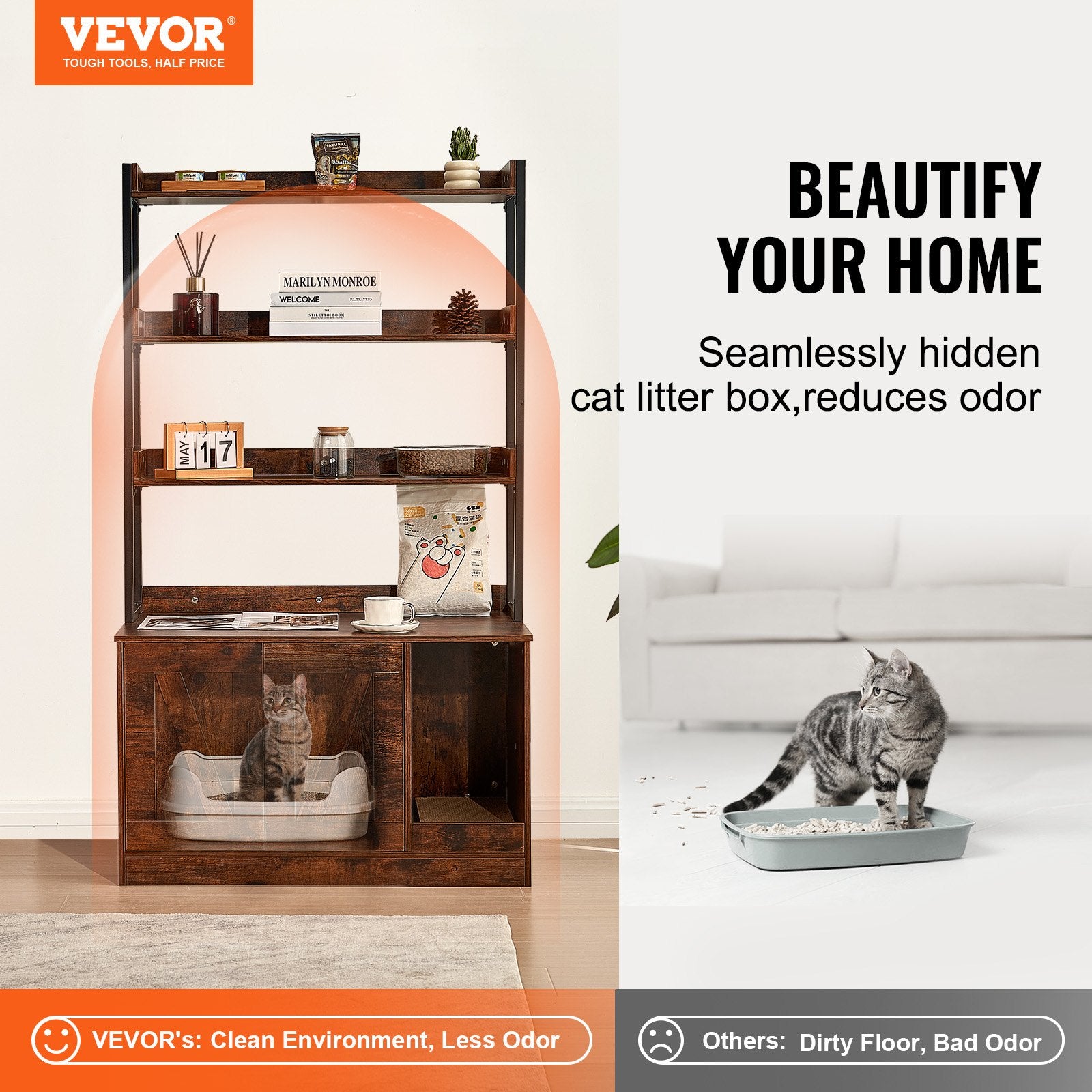 VEVOR Cat Litter Box Enclosure Wooden Litter Box Furniture Hidden with 3 Shelves Pet Care > Cat Supplies > Cat Litter Woofy and Whiskers
