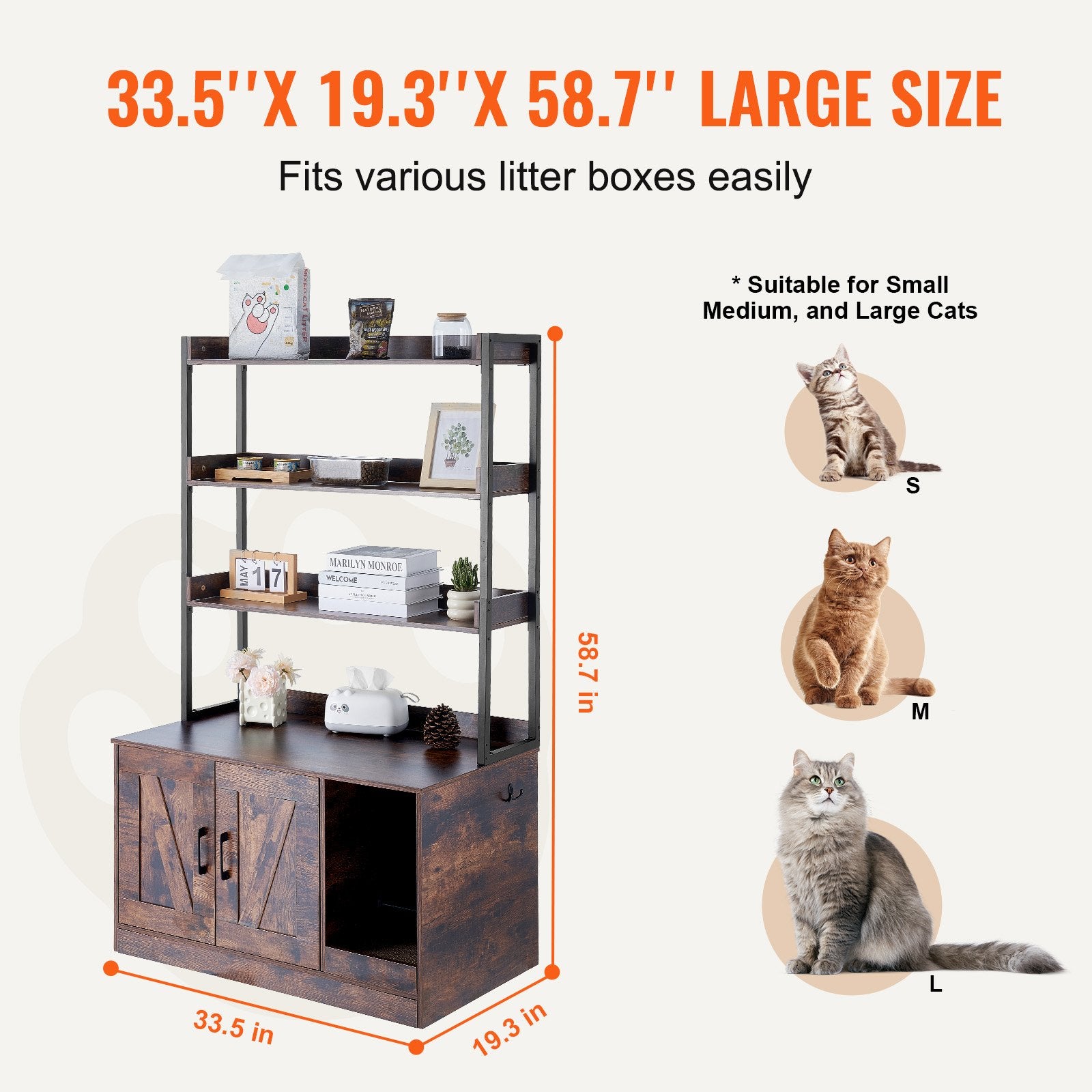 VEVOR Cat Litter Box Enclosure Wooden Litter Box Furniture Hidden with 3 Shelves Pet Care > Cat Supplies > Cat Litter Woofy and Whiskers