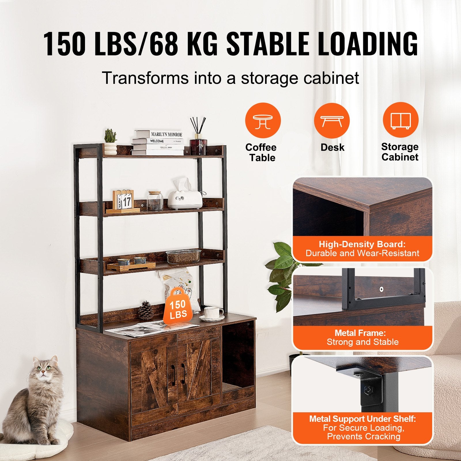 VEVOR Cat Litter Box Enclosure Wooden Litter Box Furniture Hidden with 3 Shelves Pet Care > Cat Supplies > Cat Litter Woofy and Whiskers