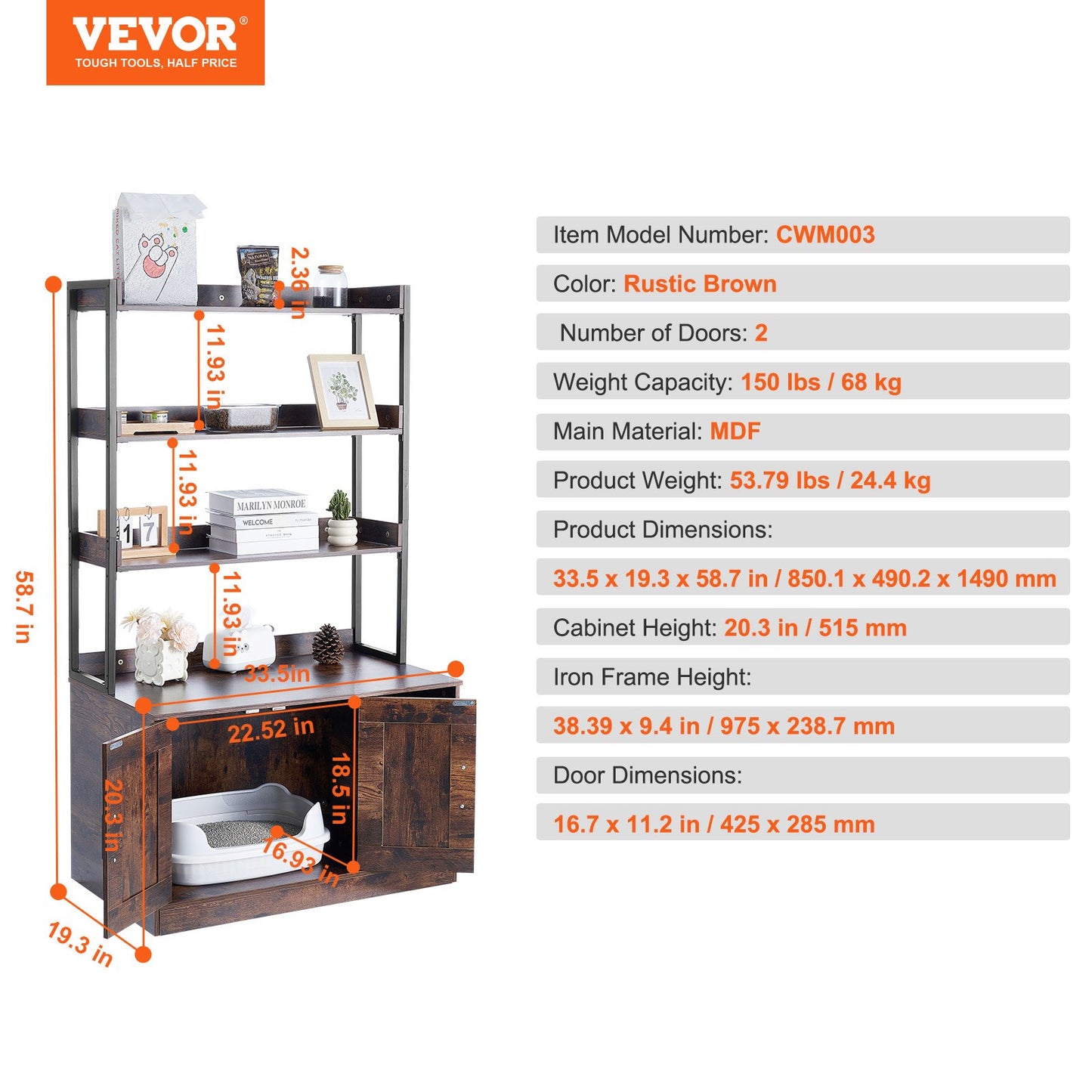VEVOR Cat Litter Box Enclosure Wooden Litter Box Furniture Hidden with 3 Shelves Pet Care > Cat Supplies > Cat Litter Woofy and Whiskers