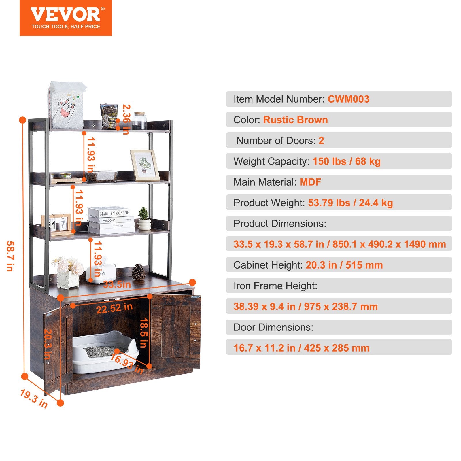 VEVOR Cat Litter Box Enclosure Wooden Litter Box Furniture Hidden with 3 Shelves Pet Care > Cat Supplies > Cat Litter Woofy and Whiskers